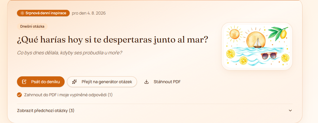 Ukázka denní inspirace v aplikaci Diario Español: otázka, obrázek a možnosti odpovědi